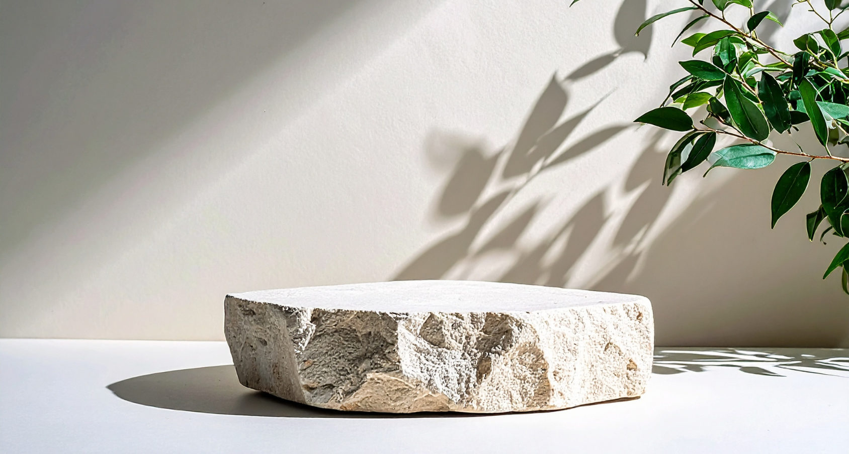 Socle en pierre avec des ombres de feuilles