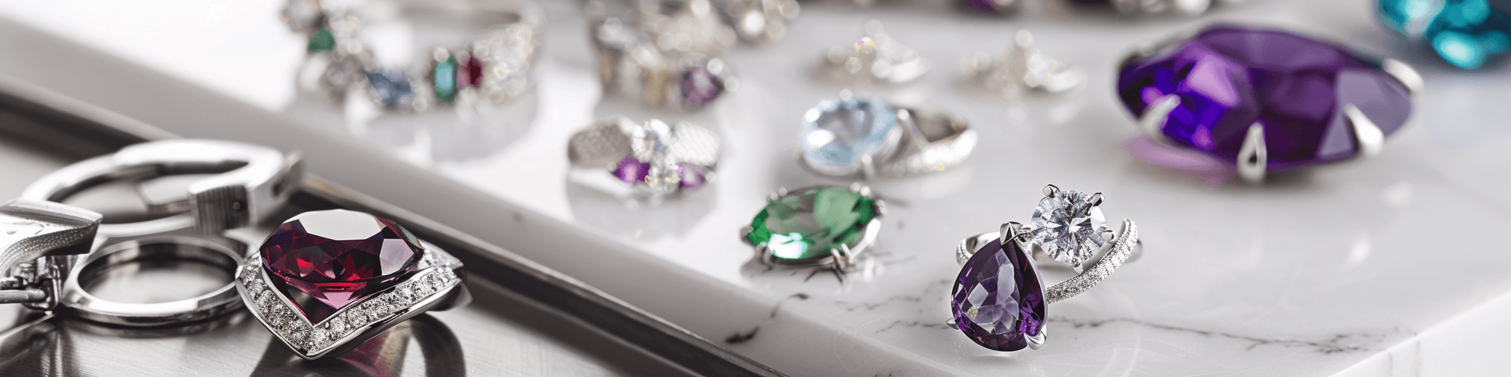 Modern jewelry workspaces with gemstones and tools