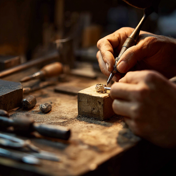 Close-up van juwelier die stiftfrees gebruikt om steenzitting in gouden ring te maken