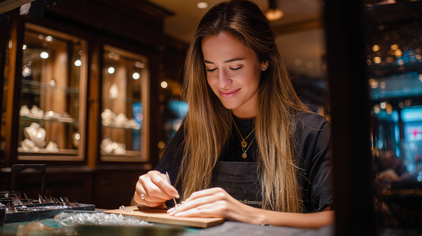 Jonge professionele juwelier zet voorzichtig een diamant met precisiegereedschap
