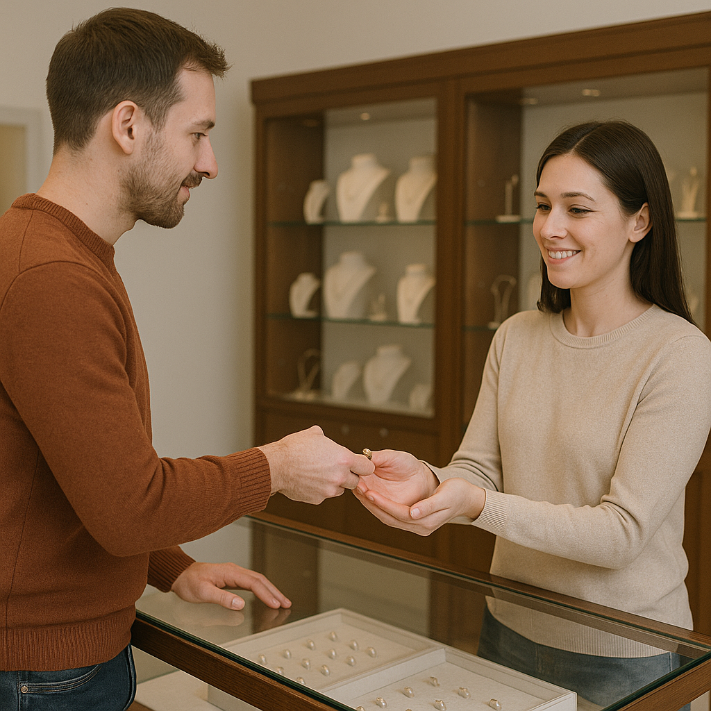 Customer dropping off jewelry for repair at professional jewelry store