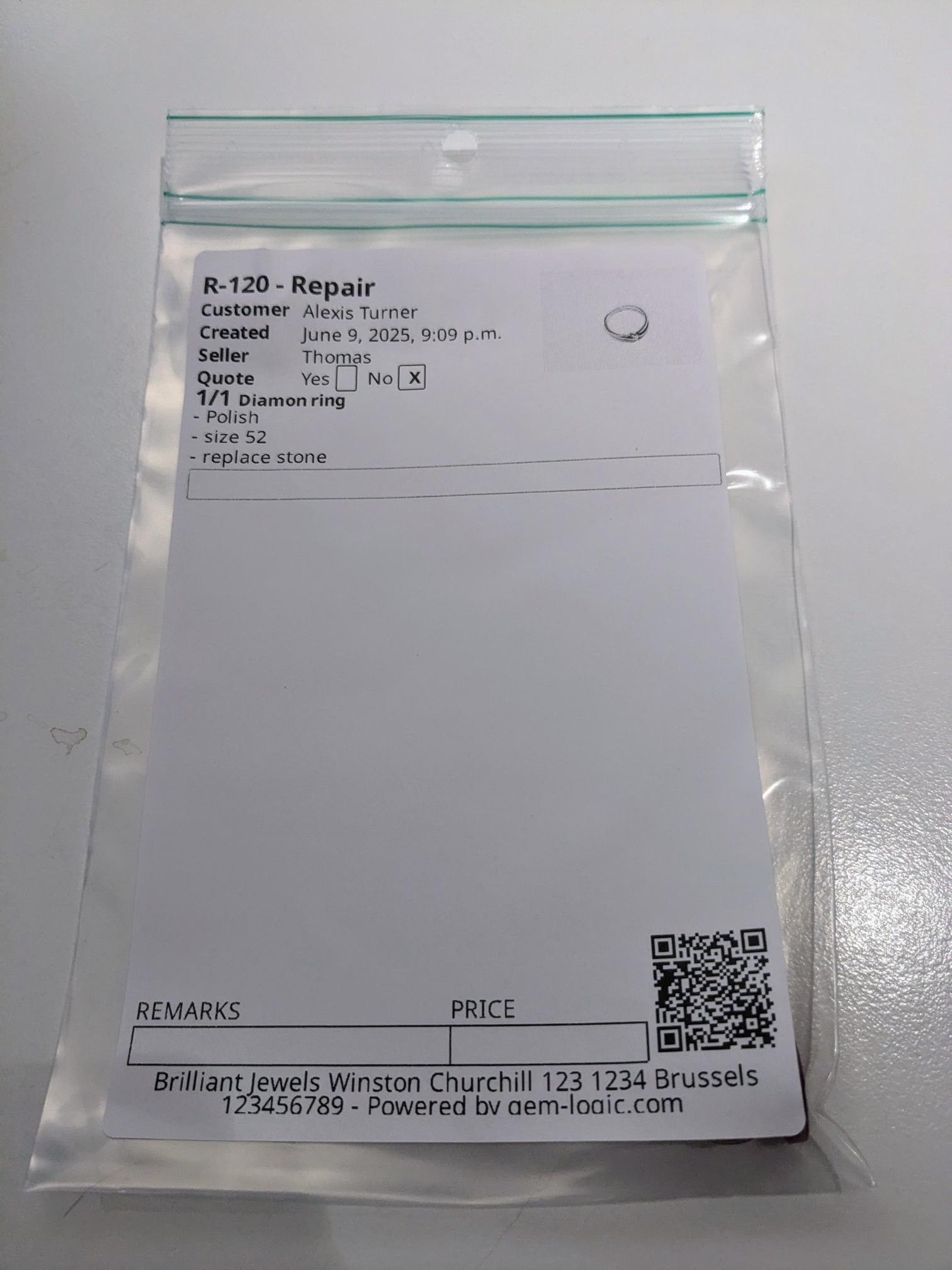Professional repair bag with QR code label attached