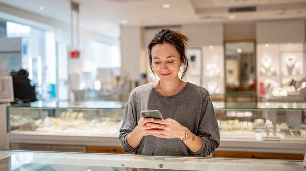 Client recevant une notification de réparation de bijoux sur son téléphone dans une bijouterie