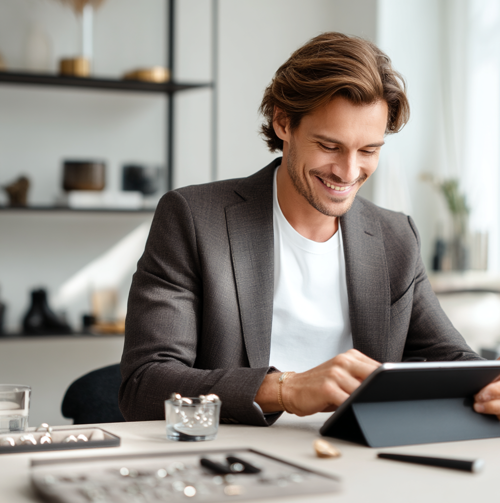 Modern organized workspace with a man in his thirties using digital system