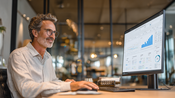 Jewelry store manager reviewing automated reports on a large monitor with Gem Logic