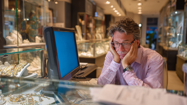 Frustrated jewelry store owner dealing with Windows computer error
