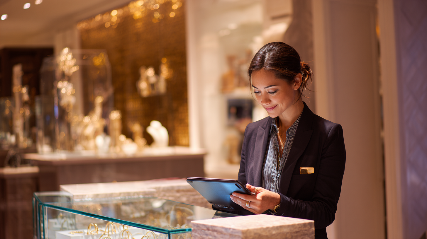 Jewelry store clerk working on iPad POS behind the counter