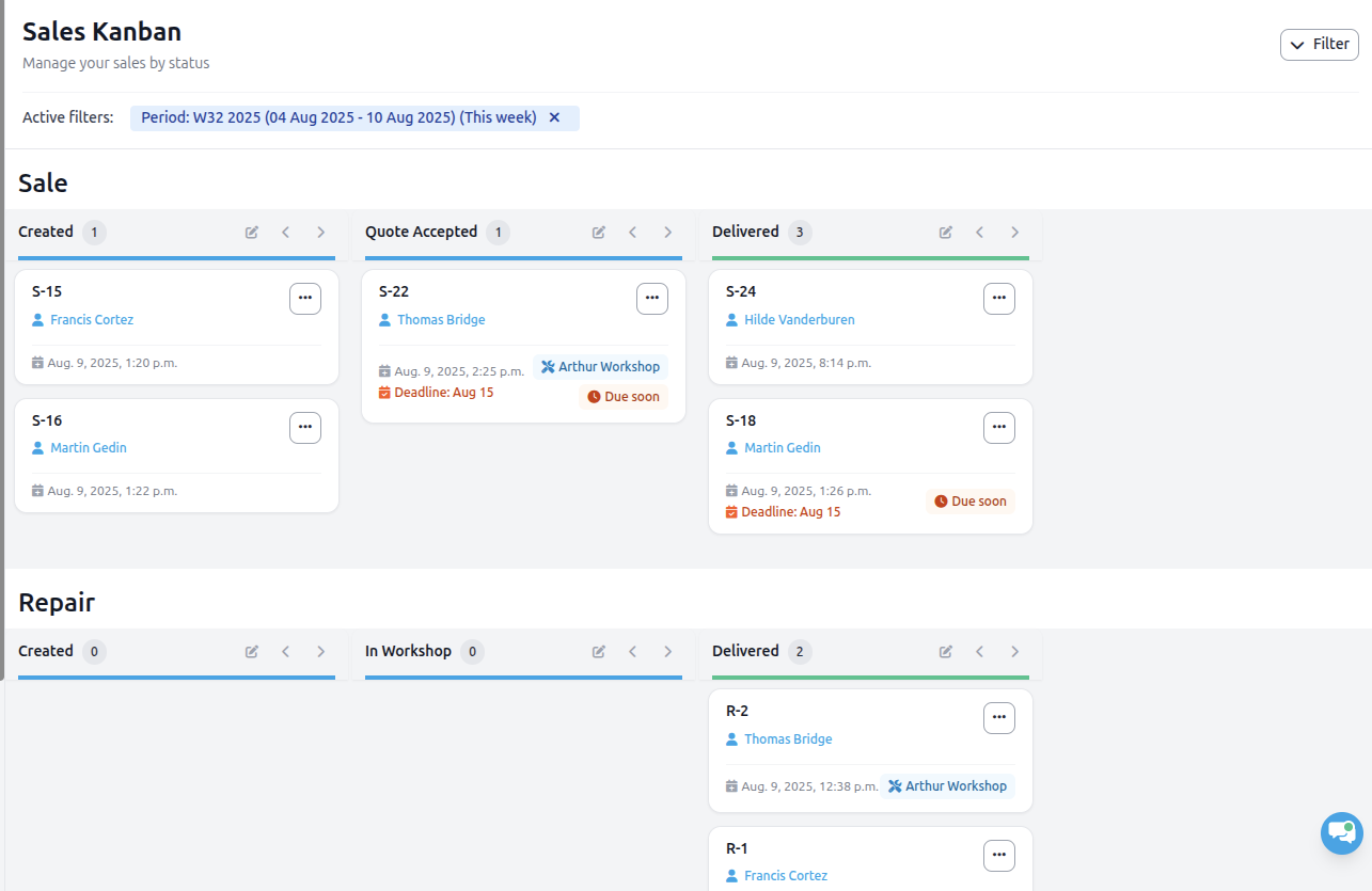 Kanban board showing workshop sales and repair management
