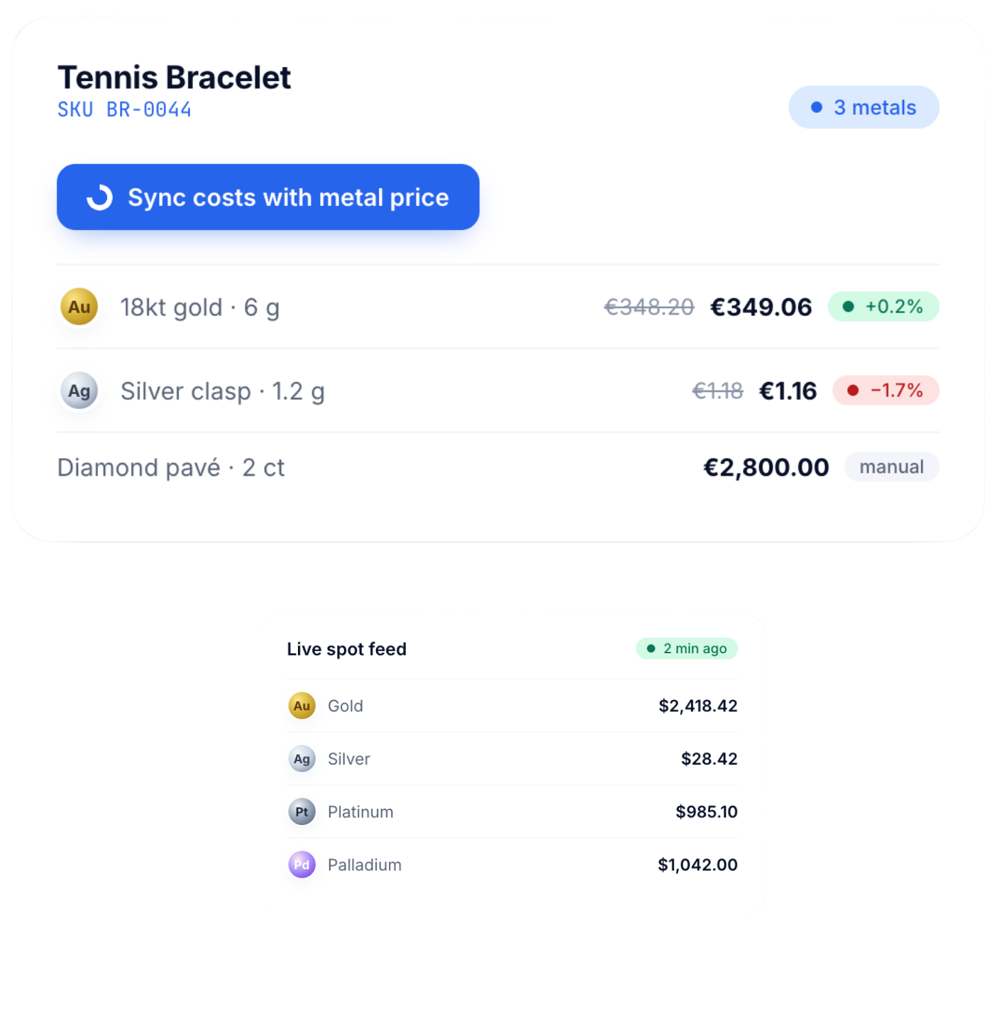 Synchronisation des prix des métaux en un clic sur une page produit dans Gem Logic