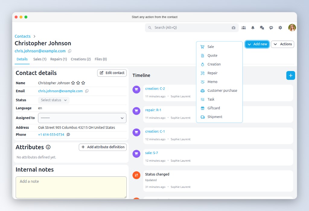 Schnellaktionen aus einem Kontaktprofil in Gem Logic