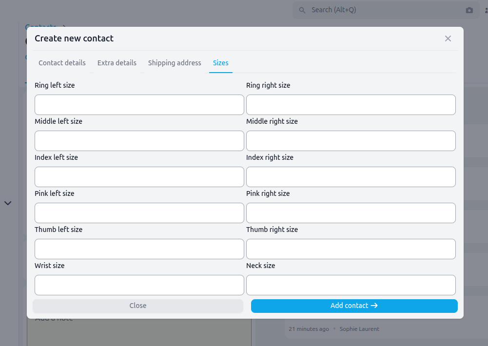 Juwelier-spezifische CRM-Felder wie Ringgrößen und Angaben zum Partner
