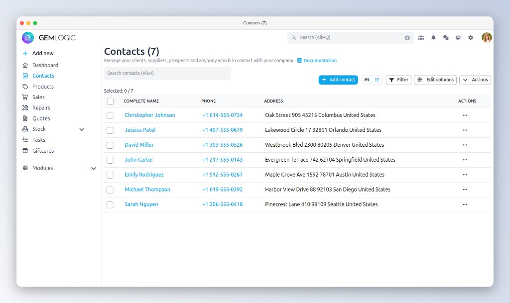 Kontaktliste in Gem Logic mit Kunden, deren Telefonnummern und Adressen
