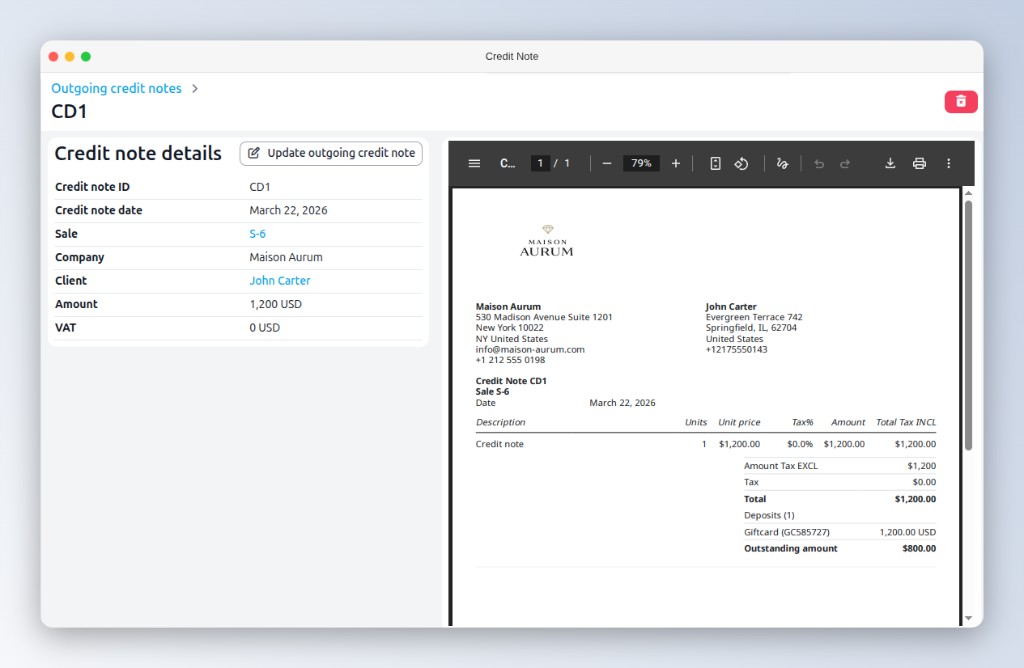 Gutschriftsdetails mit PDF-Vorschau in Gem Logic