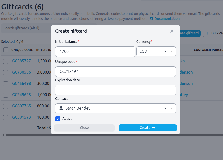 Creazione di una carta regalo con codice univoco in Gem Logic