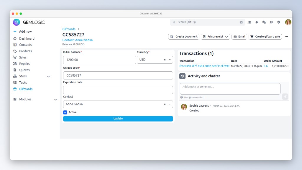 Saldo della carta regalo e cronologia delle transazioni in Gem Logic