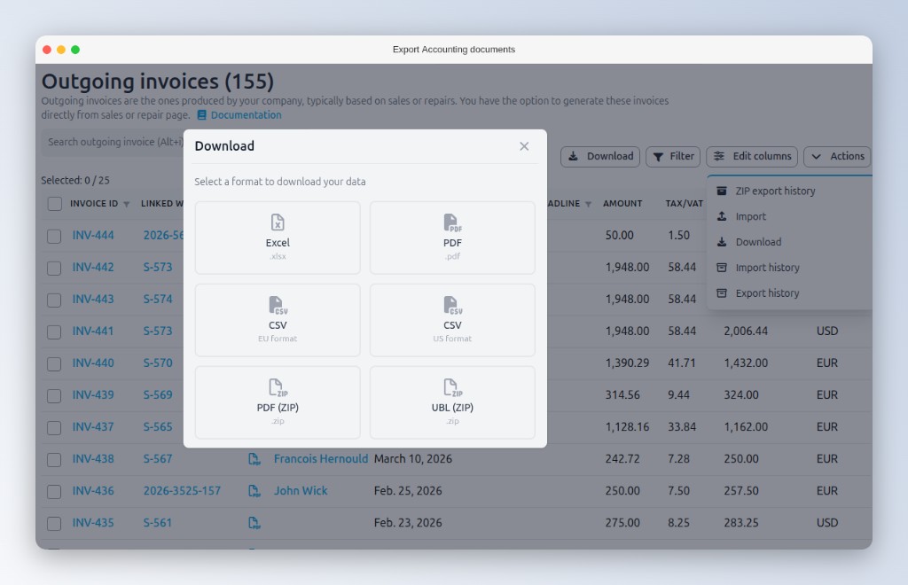 Exportieren Sie Rechnungen in die Formate Excel, PDF, CSV und UBL für Ihre Buchhaltung
