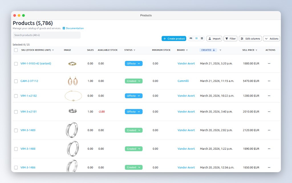 Produktkatalog mit importierten Schmuckdaten in Gem Logic