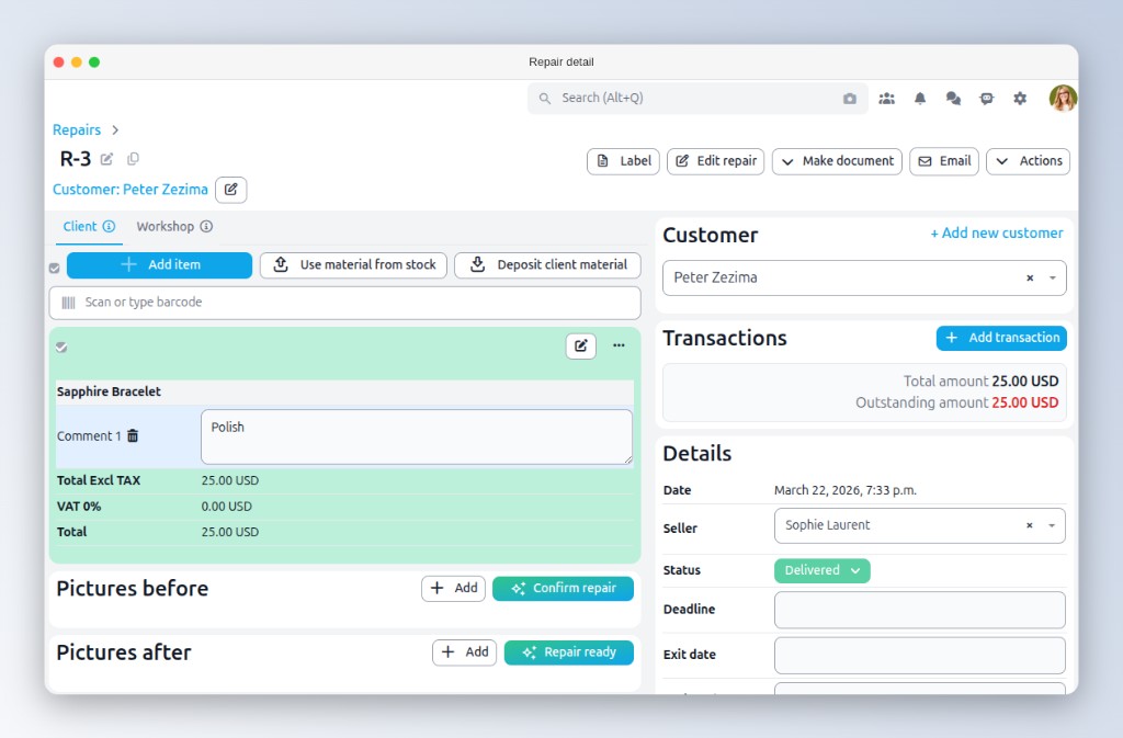 Pagina dei dettagli di riparazione che mostra articoli, stato e transazioni in Gem Logic