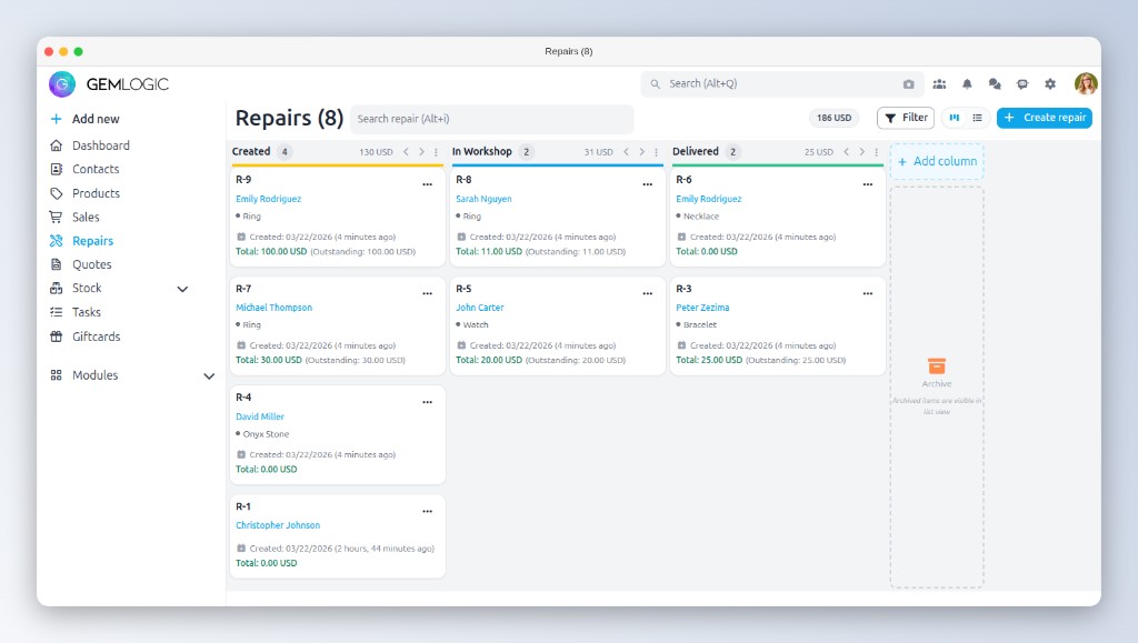 Monitoraggio delle riparazioni nella bacheca Kanban in Gem Logic