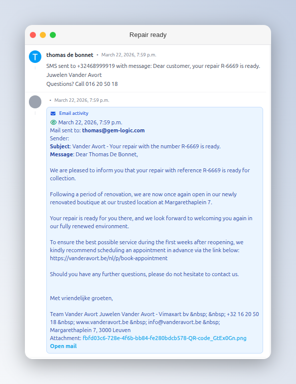 Notifica automatica via SMS ed e-mail quando la riparazione è pronta