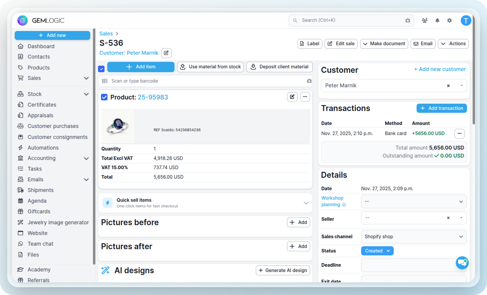 Cuadro de mando de ventas Gem Logic que muestra el pago y la facturación