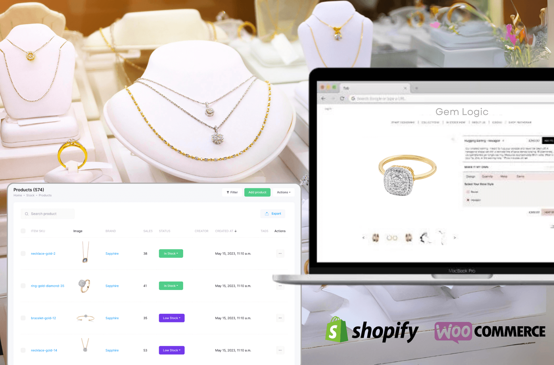 Jewelry shop display in the background with overlay images of a product list page from Gem Logic software and a jewelry e-commerce integration, showcasing synchronization with Shopify and WooCommerce.